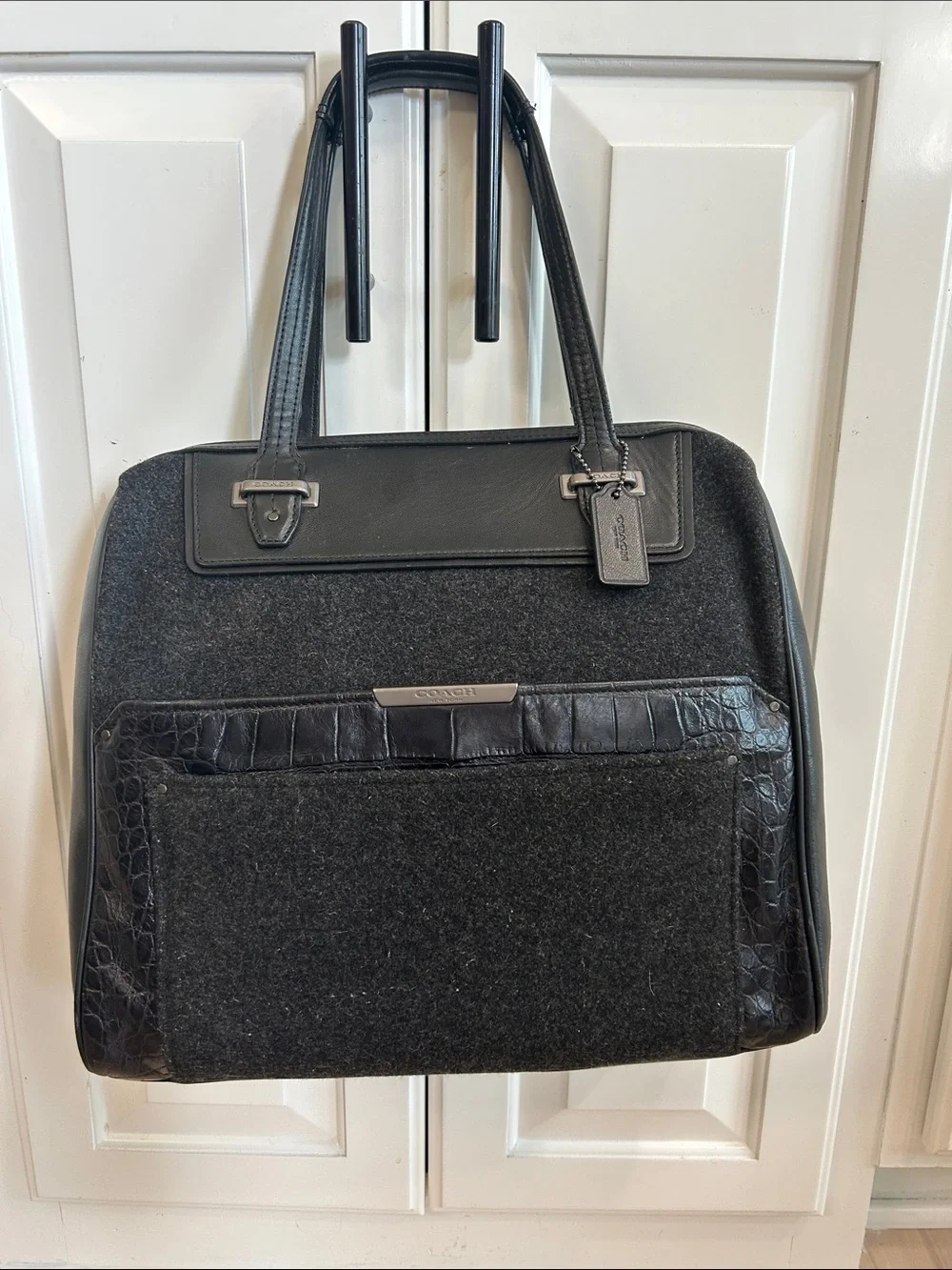Coach Black Leather & Wool Laptop Tote